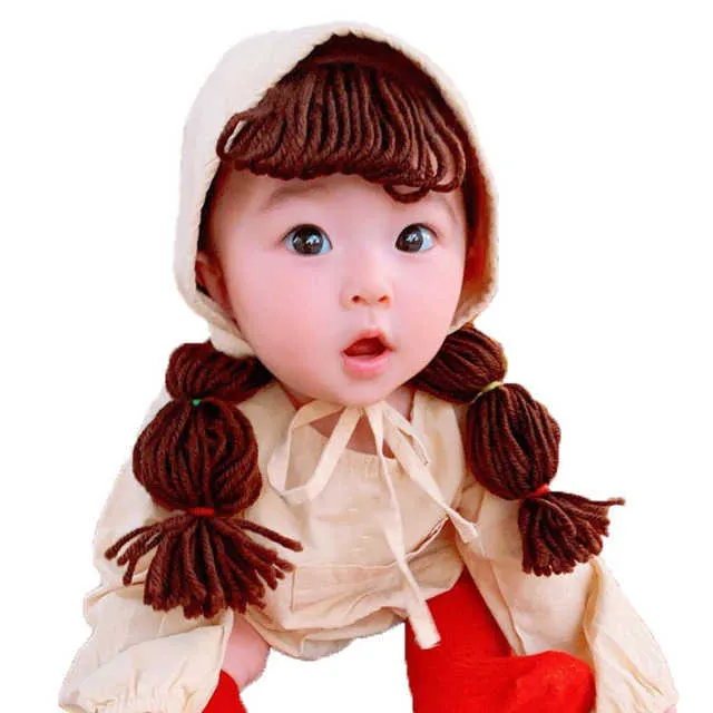 Söt vår sommar spädbarn baby flicka prinsessa hatt hår pigtail fläta wig cap 2 st set virka barn barn flickor hattar och mössor 210713