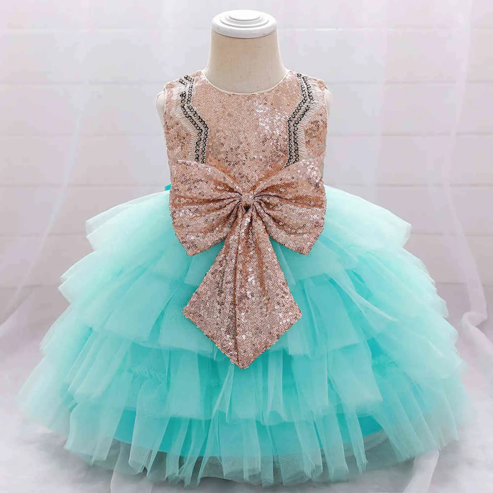 2021 Infantile Bébé Filles Paillettes 1er Anniversaire Robes Robes De Baptême Bébés Baptême Vêtements Tutu De Bal Grand Arc Princesse Robes G1129