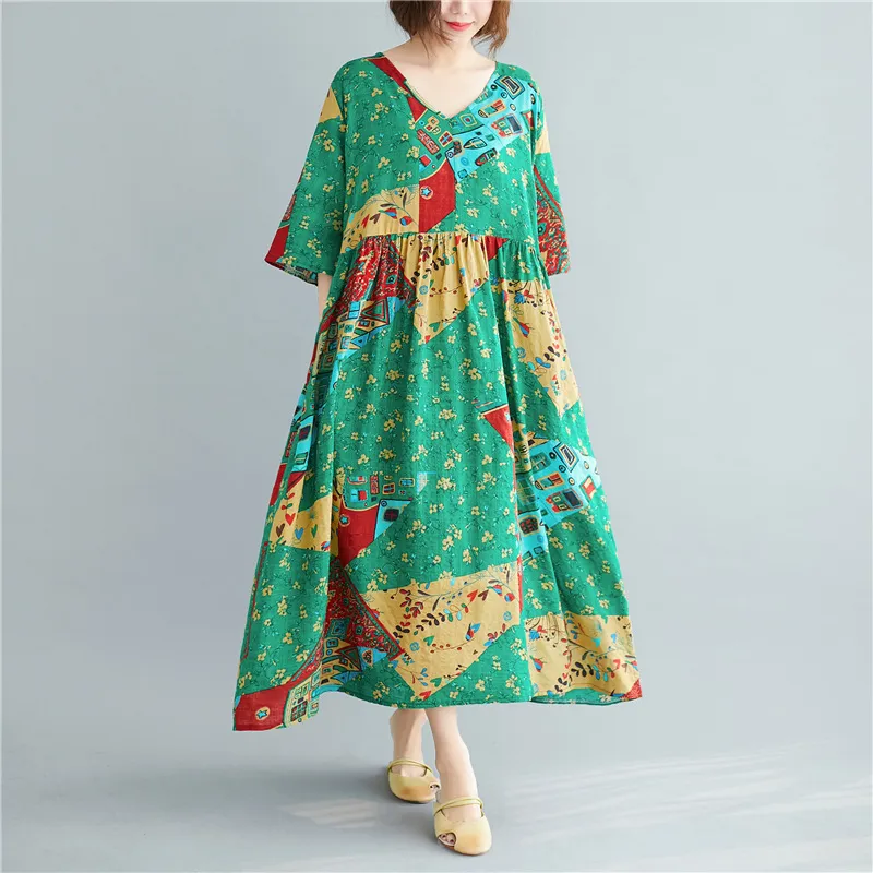 Johnature Women Summer Dresses Flare Sleeve Cotton Linen Robes V-Neck Green Print Floral Plus Size Women Vintage Dress 210521