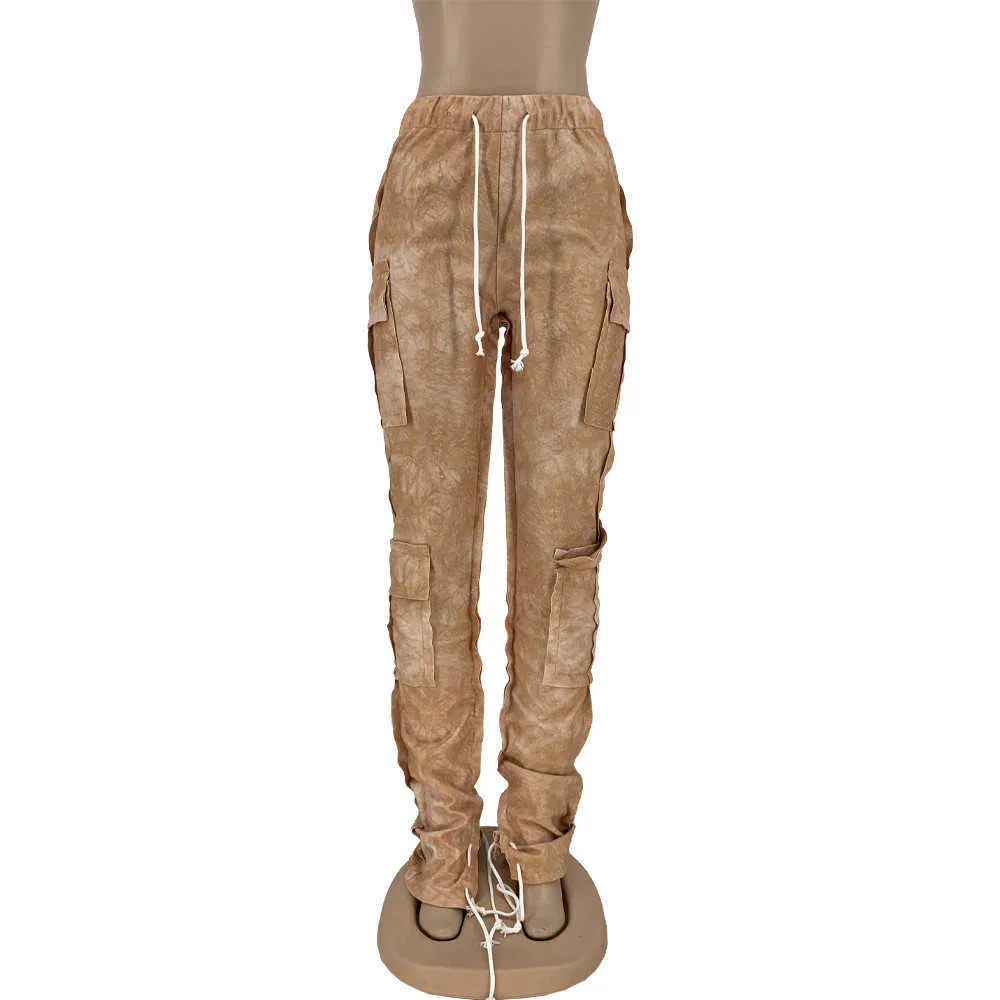Tsuretobe Streetwear polaire Cargo pantalon femmes cordon empilé pantalons de survêtement hiver taille haute Flare rétro y2k vêtements 210925