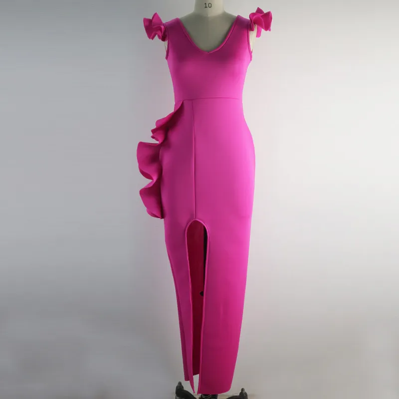 OMSJ Elegante Sexy Party Neon Pink Bodycon Dress Vintage Profondo scollo a V Donna senza maniche lunghe Ruffles Maxi 210517