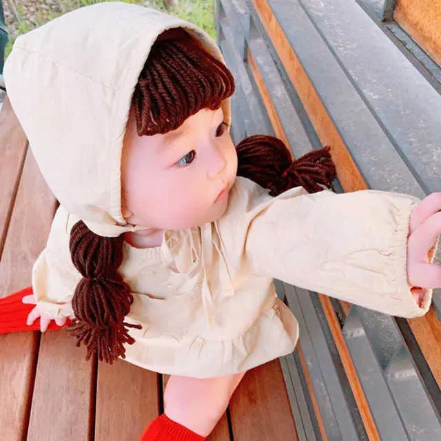 Sevimli Bahar Yaz Bebek Bebek Kız Prenses Şapka Saç Pigtail Örgü Peruk Kap 2 Adet Set Tığ Çocuk Çocuk Kız Şapka Ve Kapaklar 210713