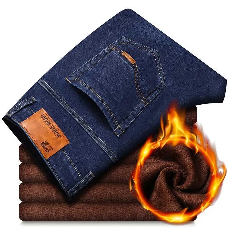 Inverno Termico Caldo Flanella Stretch Jeans Uomo Inverno Qualità Famosa Marca Pantaloni In Pile Da Uomo Dritto Floccaggio Pantaloni Jean Maschio Y0927