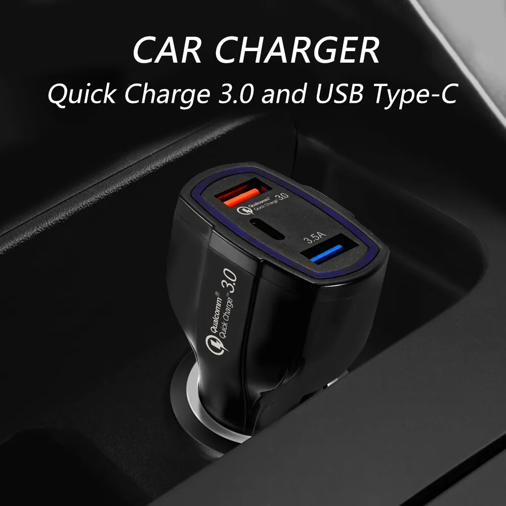 Chargeur de voiture LED 3 ports 3.5A USB QC3.0 Type-C Charge rapide universelle pour iphone 12 13 14 pro max samsung téléphone Android Mini chargeurs rapides Adaptateur de véhicule