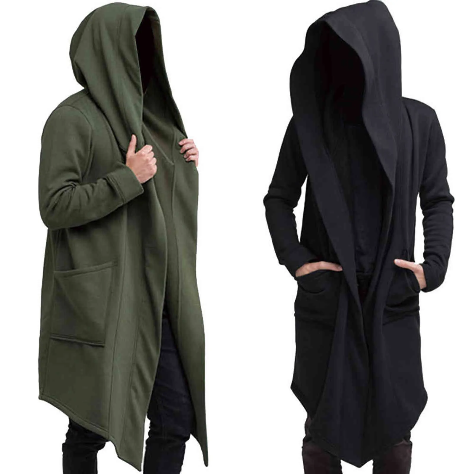 Mens Robe Hooded Cloak Winter Fashion Loose Pocket Warmer Coat Long Sleeve Casual Comfy Warm Outwear Y1106