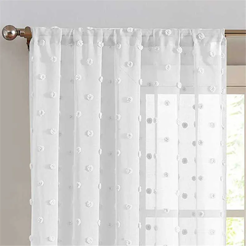 Branco Sheer pompom cortina para quarto viva meninas sala pom pom voile cortina de janela tule para berçário crianças sala adolescente 210712