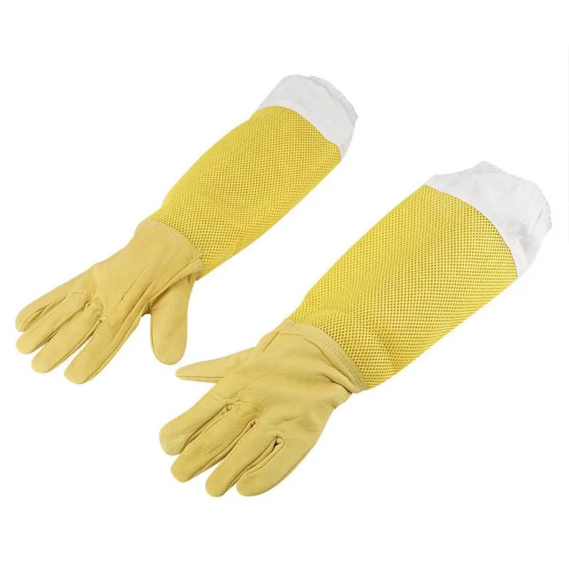 Gants pour Apiculture, manches de protection, maille jaune respirante, peau de mouton blanche et tissu pour Apiculture # YJ jetables 262T