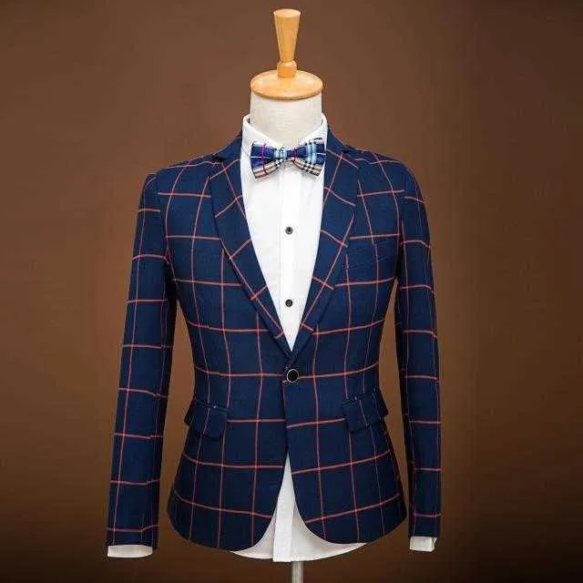 Navy Blue Slim Fit Plaid Suit Men Notch Lapel Business Formal Dress Suits For Men Fashion Terno Masculino Su X0909