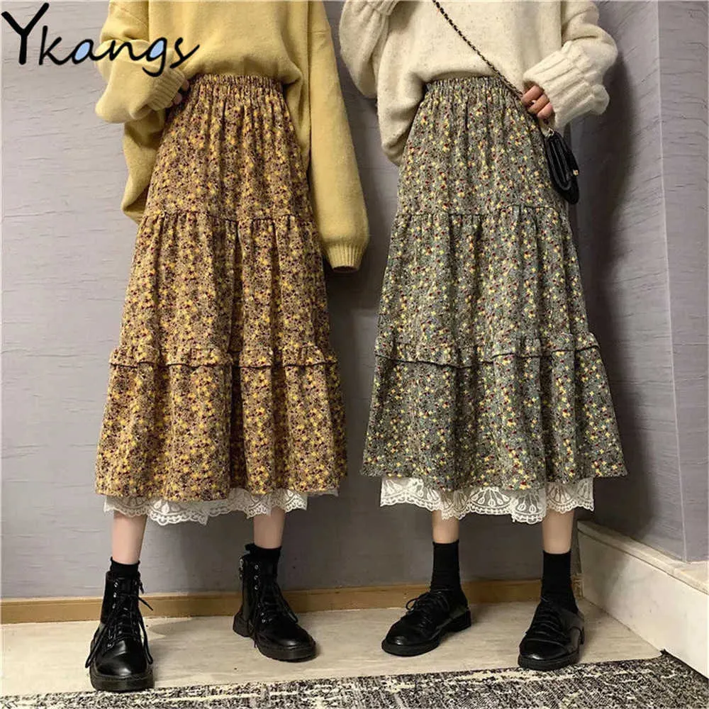 Corduroy Lace Stitching High Waist Long Skirts Women Flower Print Maxi Skirt Female Vintage Pleated Skirt Cute Girls Streetwear 210619