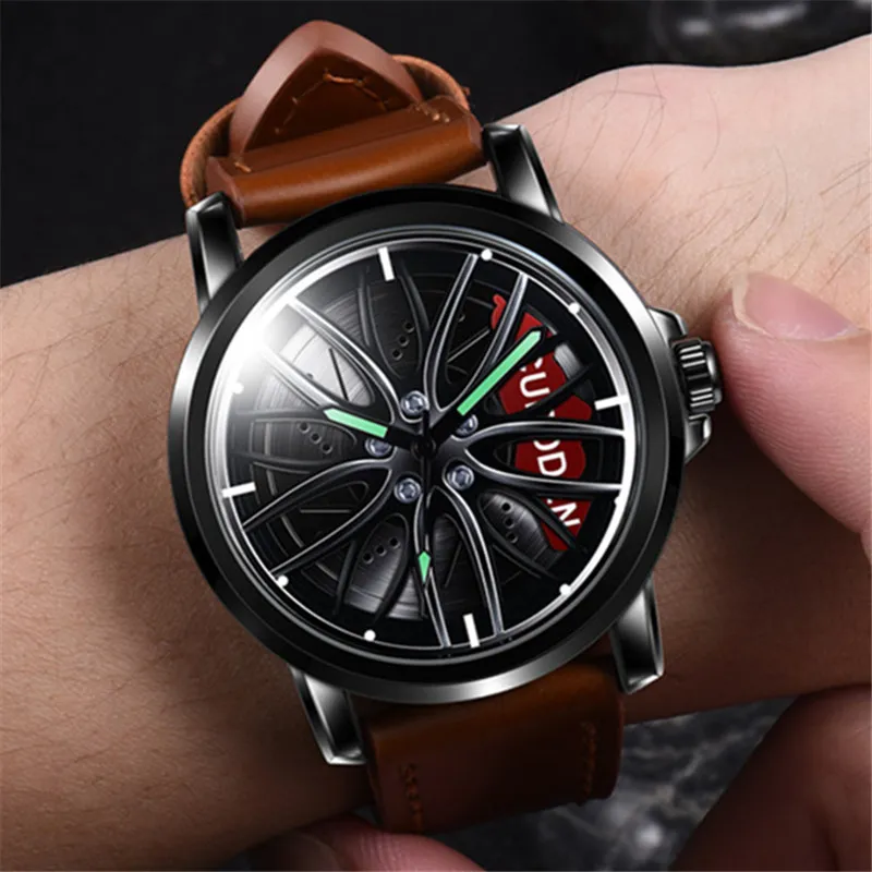 Creative Leather Strap Unique Cool Sport 3D Rim Watch Skeleton Quartz Mens Car Wheel Watch Luxury Steel Clock Cool Male reloj