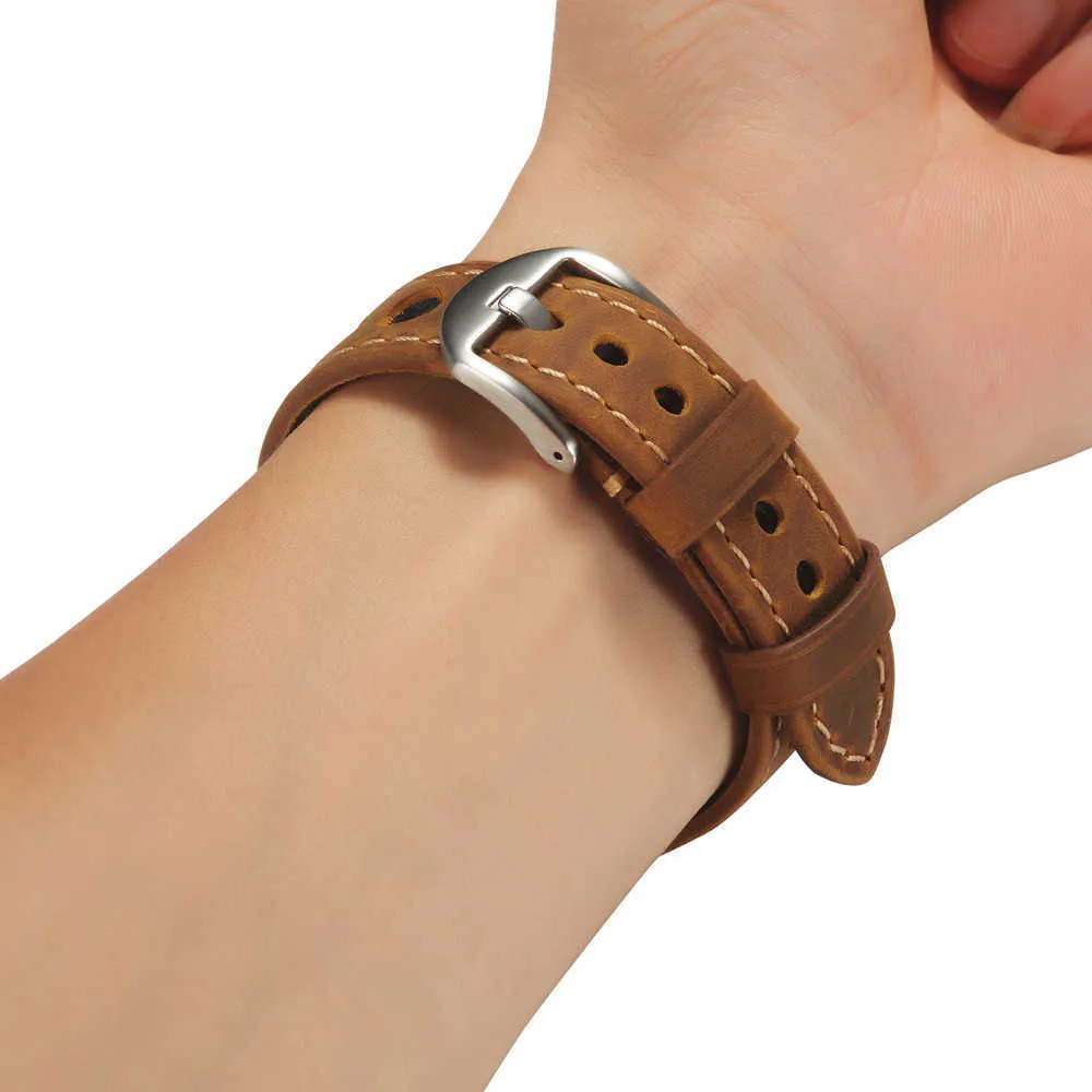 Genuine Leather Watch Strap Three Holes Breathable Soft Watch Band Strap with Buckle Cowhide Watch Belt 20mm 22mm Vintage Brown H0915