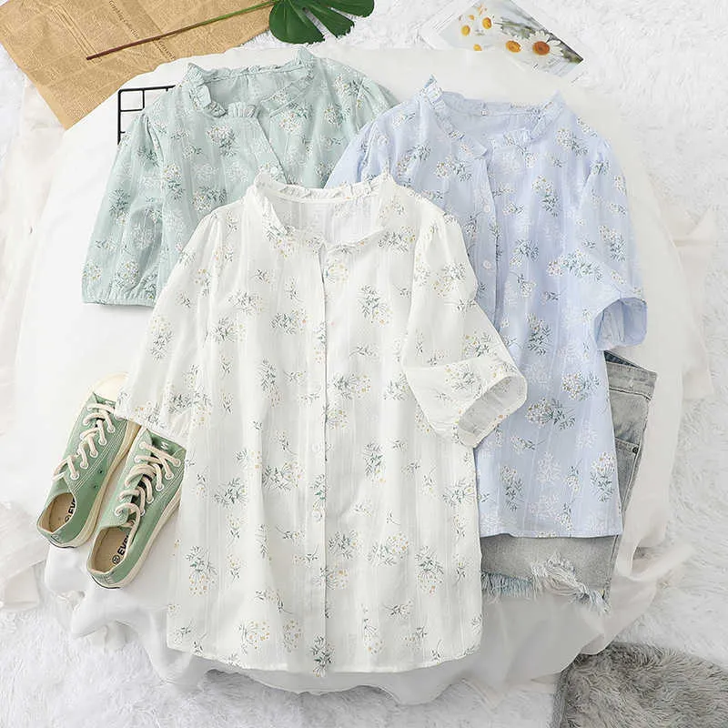 HSA Summer Shirts for Women Fashion Short Sleeve Peter Pan Collar Yarn Loose Blouse and Tops Button Up all-match top ladies 210716