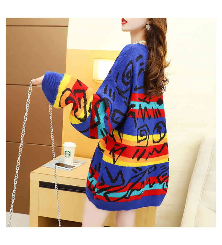 H.SA Camisola e Knitwear Mulheres Inverno Pullovers Casual Graffiti Long Oversized Jumpers Orange Blue Knit Chic Blusas 210417