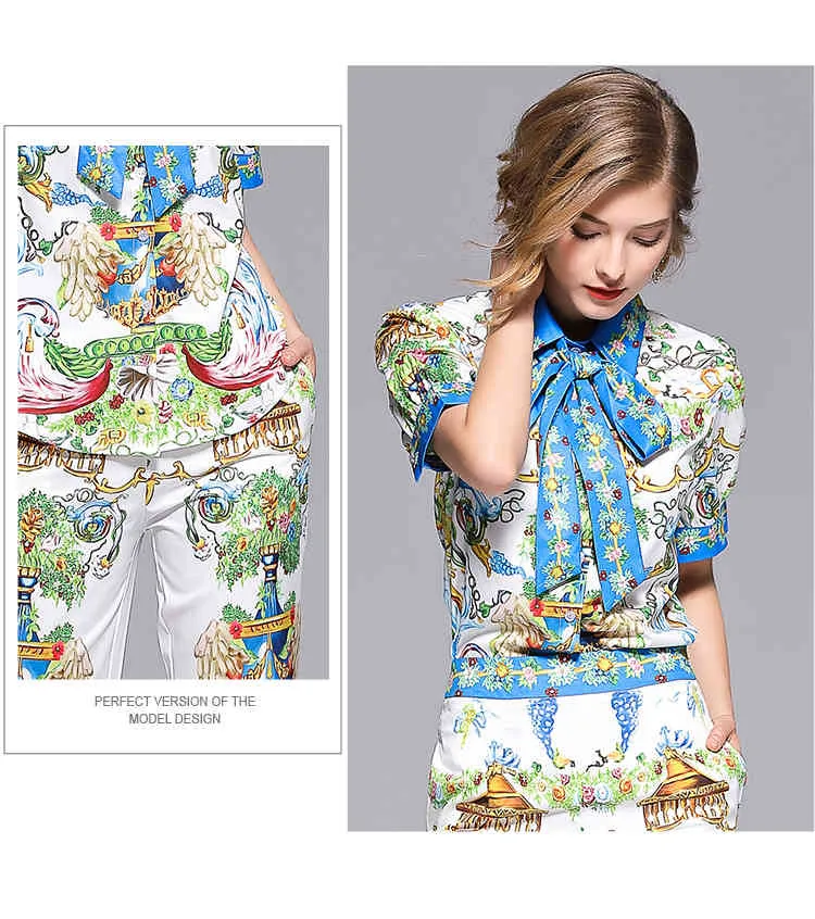 Fashion Designer Suits Trousers Set Women Short Sleeve Bow tie Blouse and Floral Print Casual Pants Set 210514