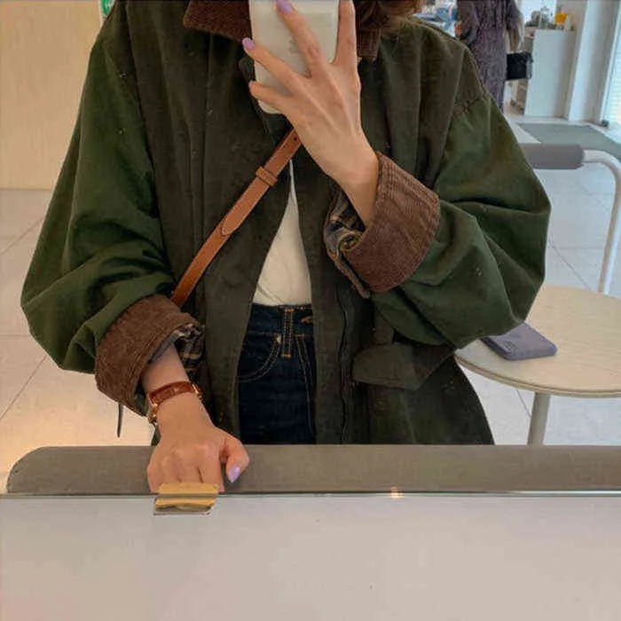 Koreansk Tjock Höst Vintage Lapel Casual Style Loose Full Lantern Sleeve Coats and Jackets Women Army Green Streetwear 211105