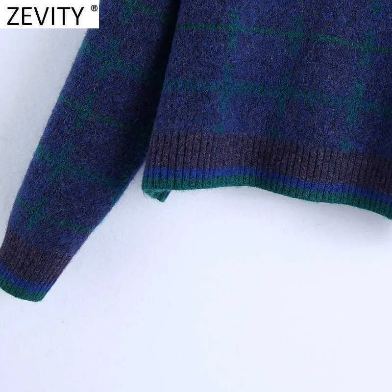 Zeefity Dames Mode Turn Down Collar Patchwork Plaid Casual Losse Breien Trui Vrouwelijke Chique Lange Mouw Pullovers Tops S574 210603