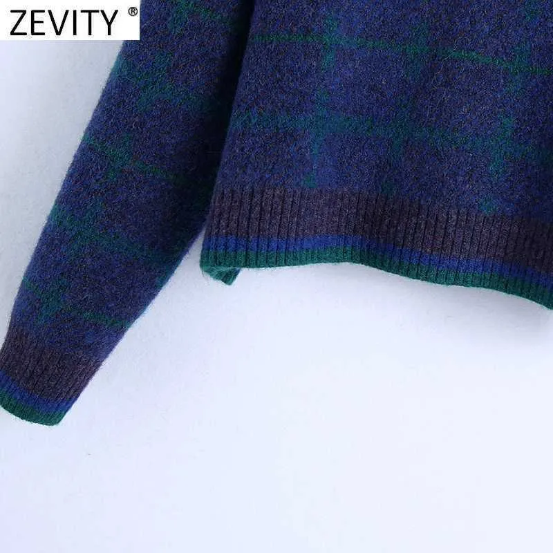 Zevity, suéter de punto suelto informal a cuadros con cuello vuelto a la moda para mujer, jerséis elegantes de manga larga para mujer, Tops S574 210603