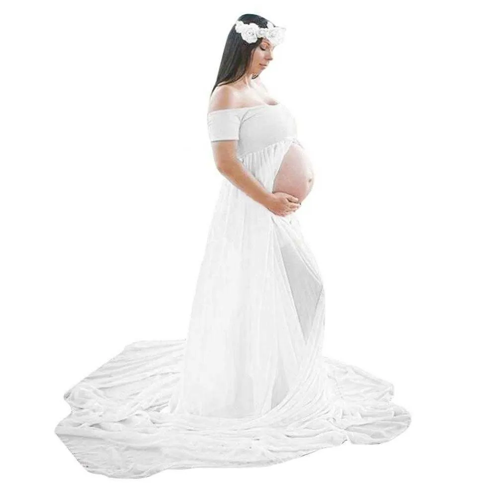 Langes Umstandskleid für schwangere Frauen, Chiffon, Patchwork, einfarbig, Schulter-Frontschlitz, bodenlanges Kleid