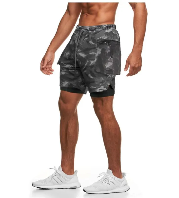 Camuflagem shorts de dois andares respirável preto branco basquete umidade wicking moda masculina esportes ao ar livre lazer corrida fitness tênis de mesa badminton 69pu