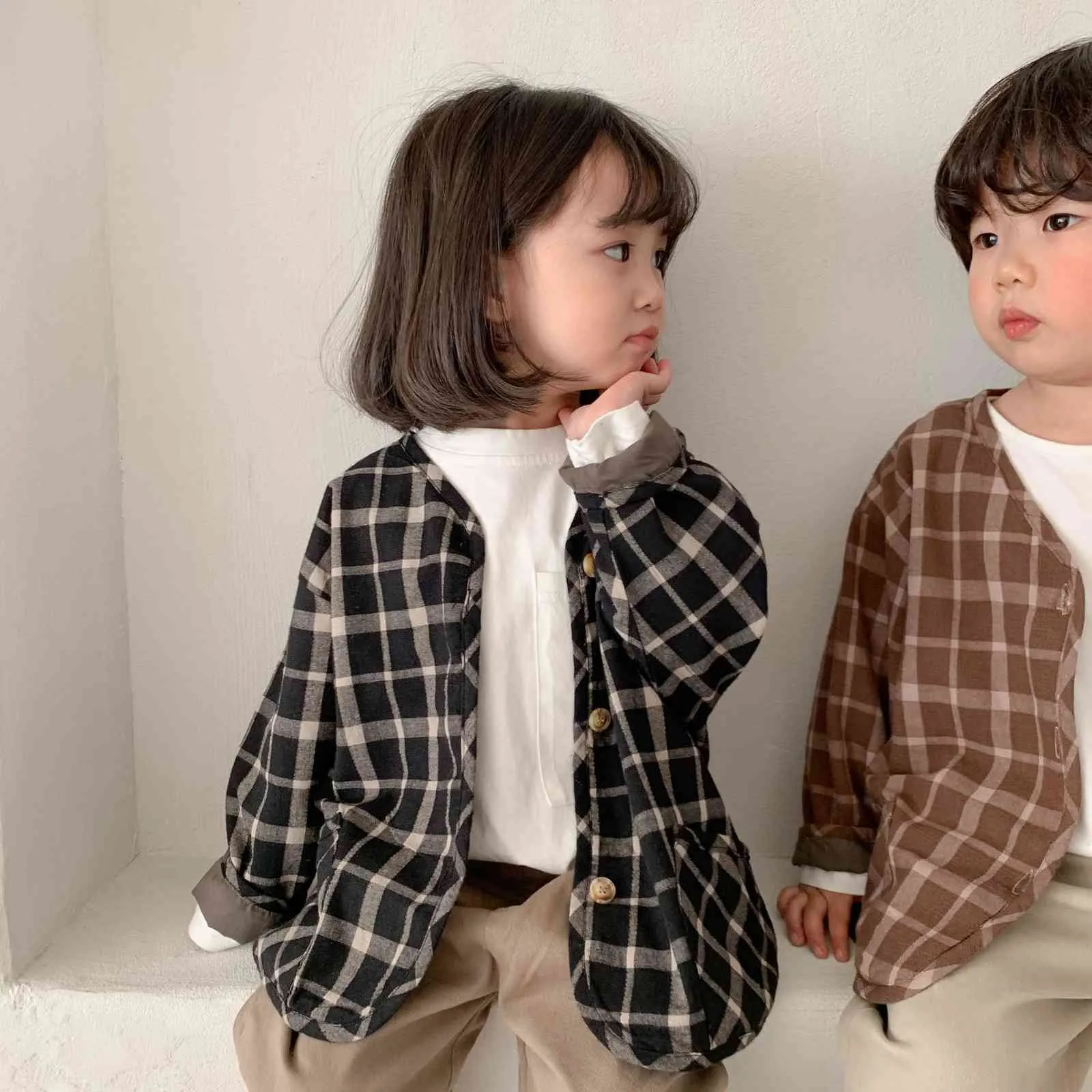 Koreanska stil vår sommar bomull linne plaid jackor barn tunna casual unisex coats 210508