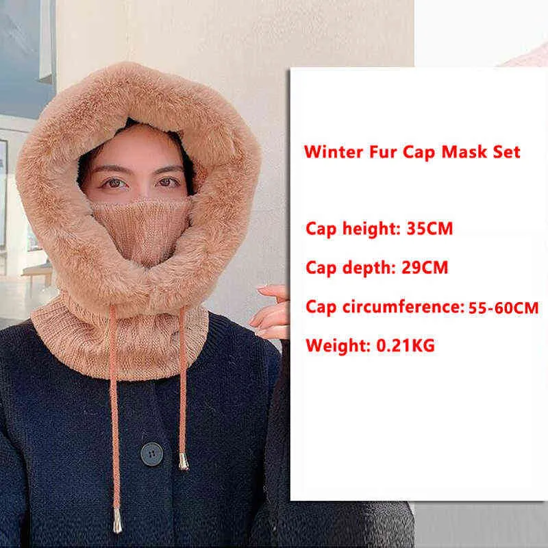 Wintermützen für Damen im Freien, warmer Kaschmir-Strickmaskenschal, 3-in-1-Plüschmützen, elastisch, verdickt 211119