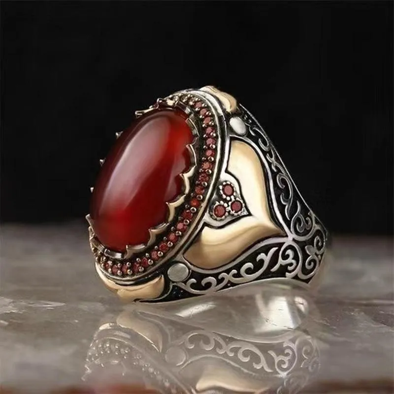 Wedding Rings Vintage Handmade gesneden Turkse zegel voor mannen ingelegd Red Black Zirkon Stone Trendy Islamitische religieuze moslimjuwelen 263Q