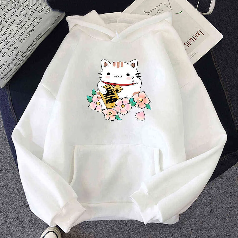 Anime Sweats à capuche Fortune Cat Impression Sweat-shirt Femmes Streetwear Graphique Esthétique Kawaii Vêtements Surdimensionné Dessin Animé Pulls Tops Y0820