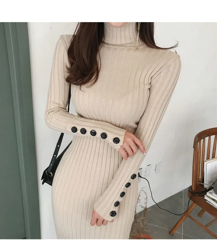 Kobiety Zima Turtleneck Sweter Dzianiny Długa Dress Kobieta Knitwear Soft Vestidos Wysokiej jakości 210520