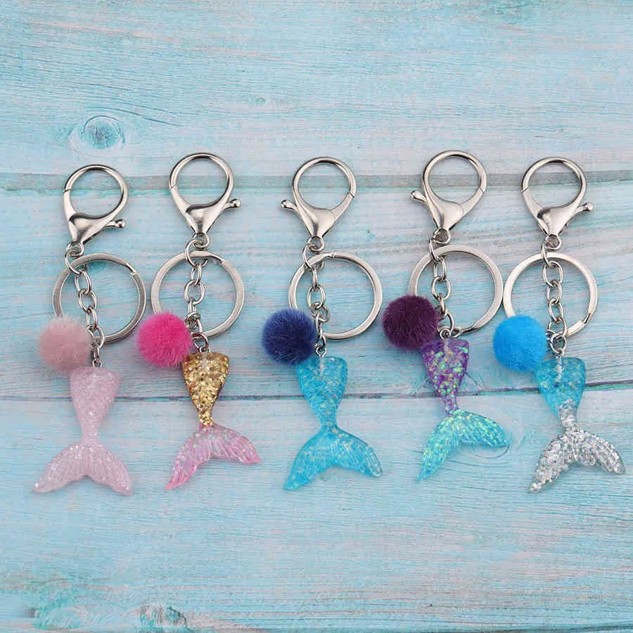 Jaymaxi Mermaid Hairball Key chains Imitation Enamel Ball Resin Gradient Fishtail Keychain Jewelry Wholes 