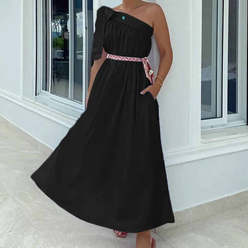女性のドレスアシンメトリーオフショルダーノースリーブシャツドレスプラスサイズ緩いカジュアルロングビーチ210524