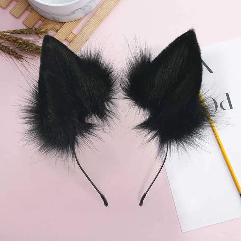 Handmade Regulowany Furry Wolf Uszy Pałąk Symulacja Puszyste Pluszowe Zwierząt Hair Hoop Kawaii Anime Cosplay Headpiece X0722