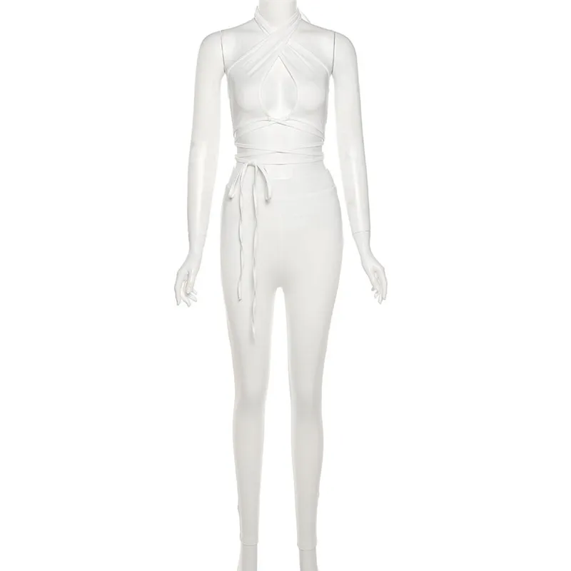 Seksowne Stroje Klubowe 2 Dwie kawałek Kobiet Dopasowywanie Zestawy Bandaż Bodycon Crop Top + Skinny Spodnie Garnitur Dadies Dres Lato 210517
