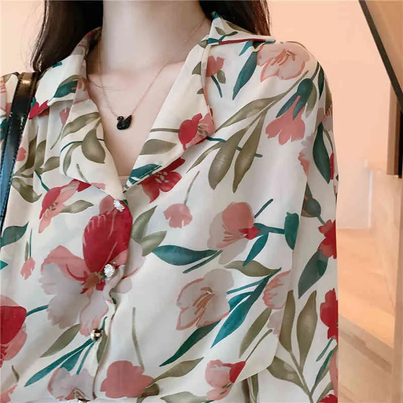 S-5XL Camicia taglie forti Donna Primavera Manica lunga Coreana Floreale Chiffon Camicetta femminile Chemisiers Chemises femminili 210421