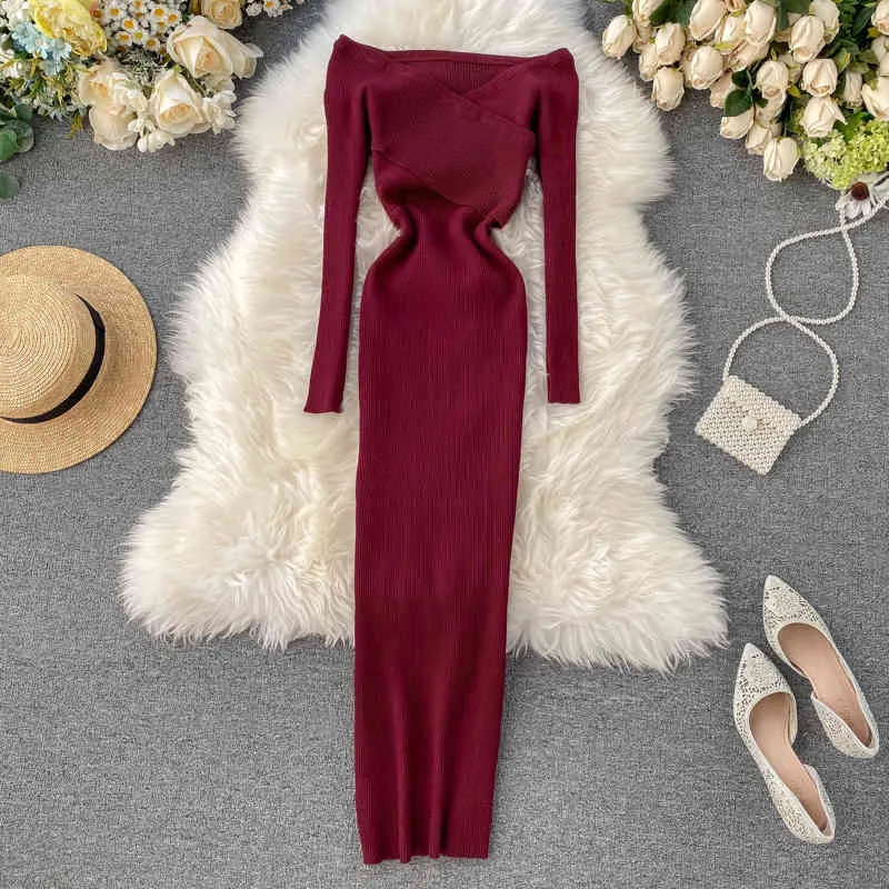 Women One Shoulder Knitted Dress Sexy Off Shoulder Slim Solid Clubwear Dress Autumn Winter Fashion Bodycon Pencil Dress 210419