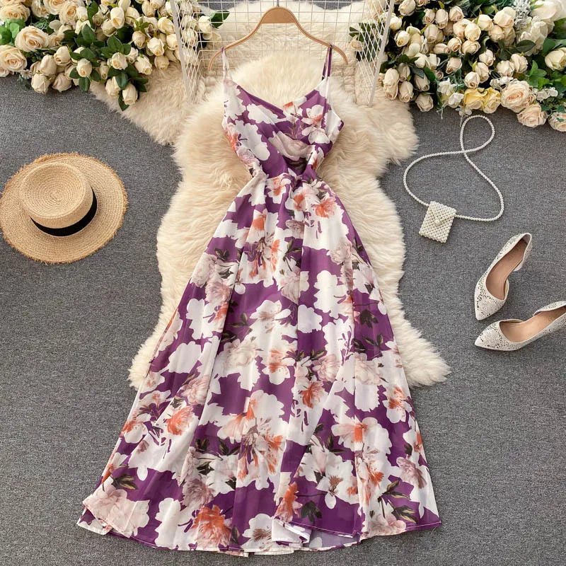 SINGREINY Women Korean Floral Strap Dress Sleeveless V Neck Backless A-line Dresses Summer Bohemian Print Beach Long Dress 210419