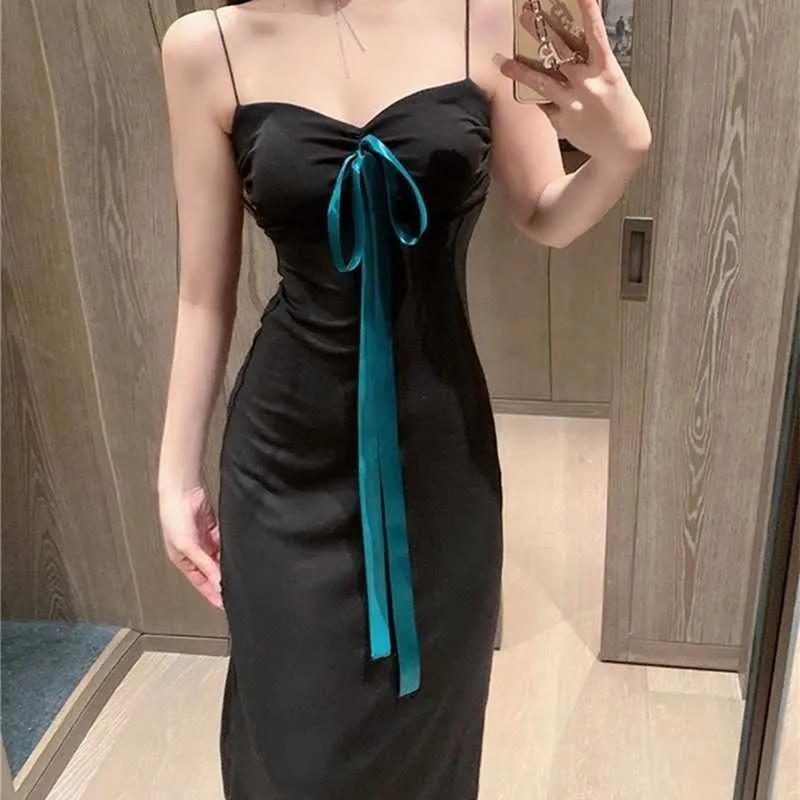 Svart lång klänning Kvinna Bow Tie Rem Elegant Midi Slim Tube Top Koreansk stil Kläder 210604