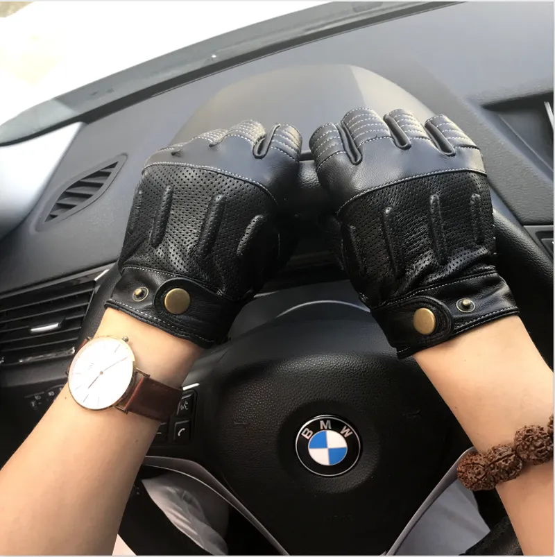 Fashion Non-slip Half Finger Gloves Summer Men Goatskin Motorcycle Leather Male Semi-Fingers Driving