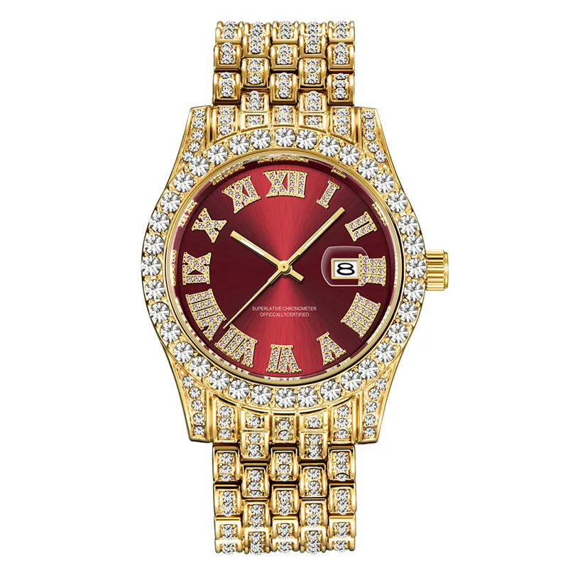 Hip Hop pleine glace sur luxe Date Quartz montres modernes pour hommes femmes mode bijoux cadeau