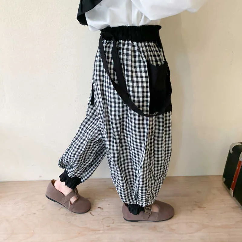 Spring Plaid Loose Lantern Overalls For Baby Girls Korean style Kids Casual Pants Children Fashion All-match Trousers 210615