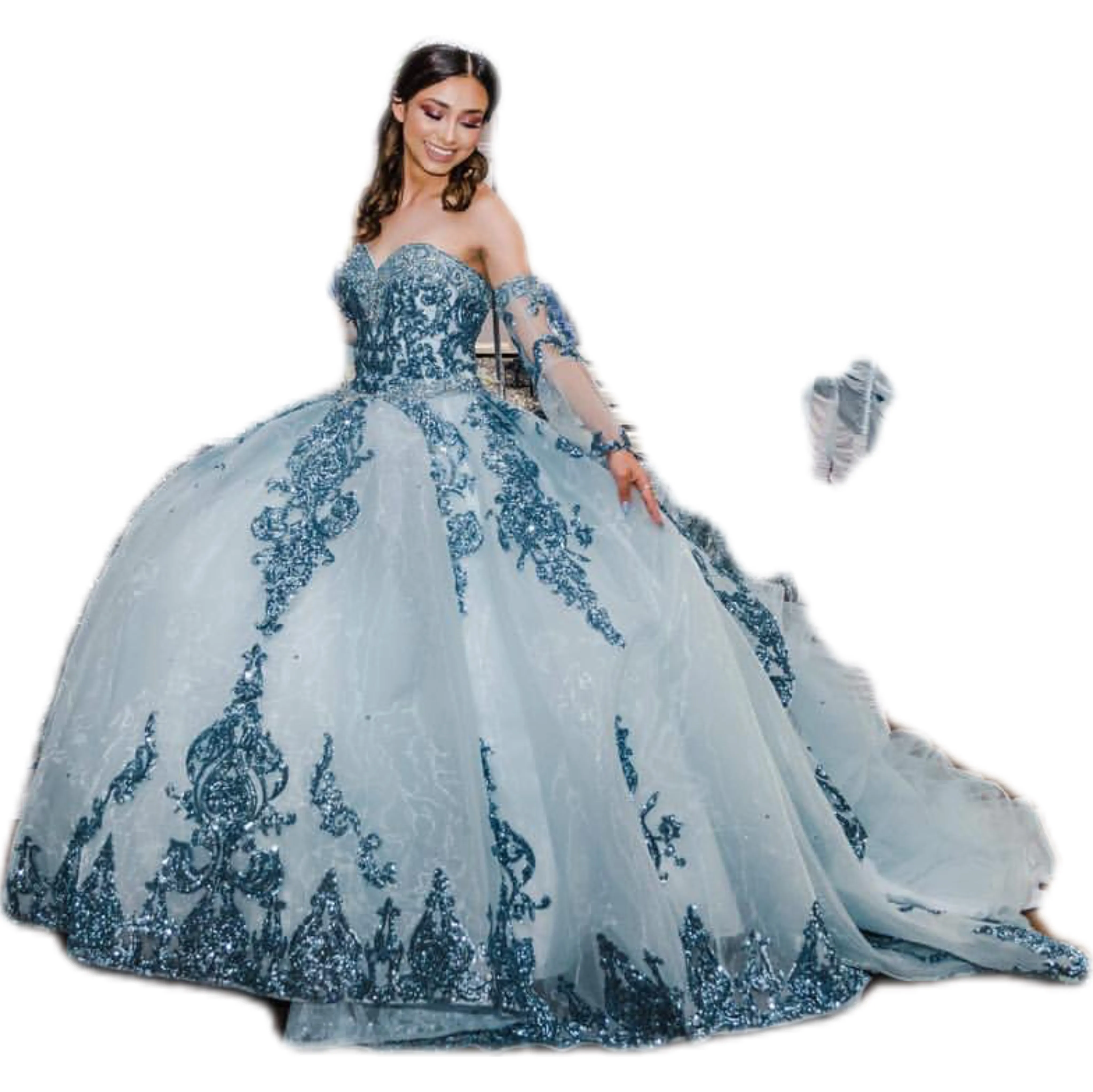 Abito da ballo scintillante con paillettes blu in stile Quinceanera con strascico staccabile 2022 Principessa Sweet 16 Prom Party Wear294d