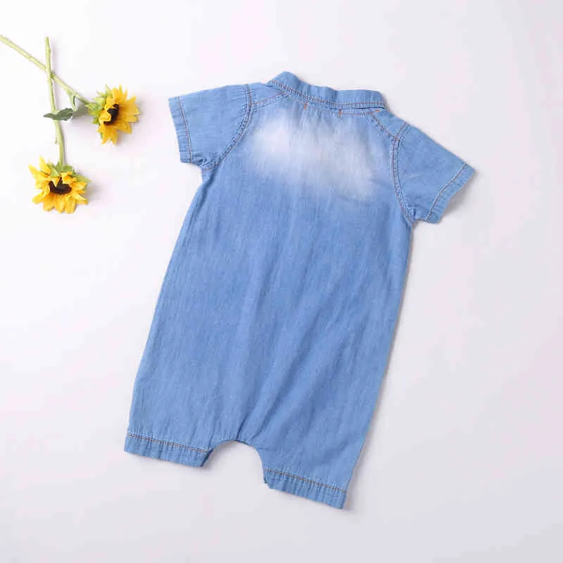 Baby romer lapel short-safte bodysuits sommar toddler född tjej pojke denim jumpsuit söta kläder 210515