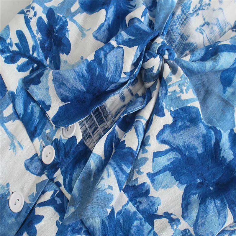 Za Flowers Print Blue Jumpsuit Vrouwen Vintage Korte Mouw V-hals Office Dame Romper Chic Button Up Geplooide Vrouw Jumpsuits 210602