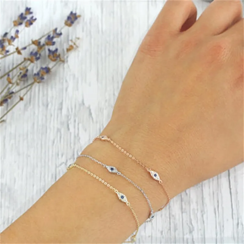 100% 925 sterling zilver schattig mooi blauw wit cz boze oog link minimale delicate dunne ketting vrouwen meisje schattige bracelet190j