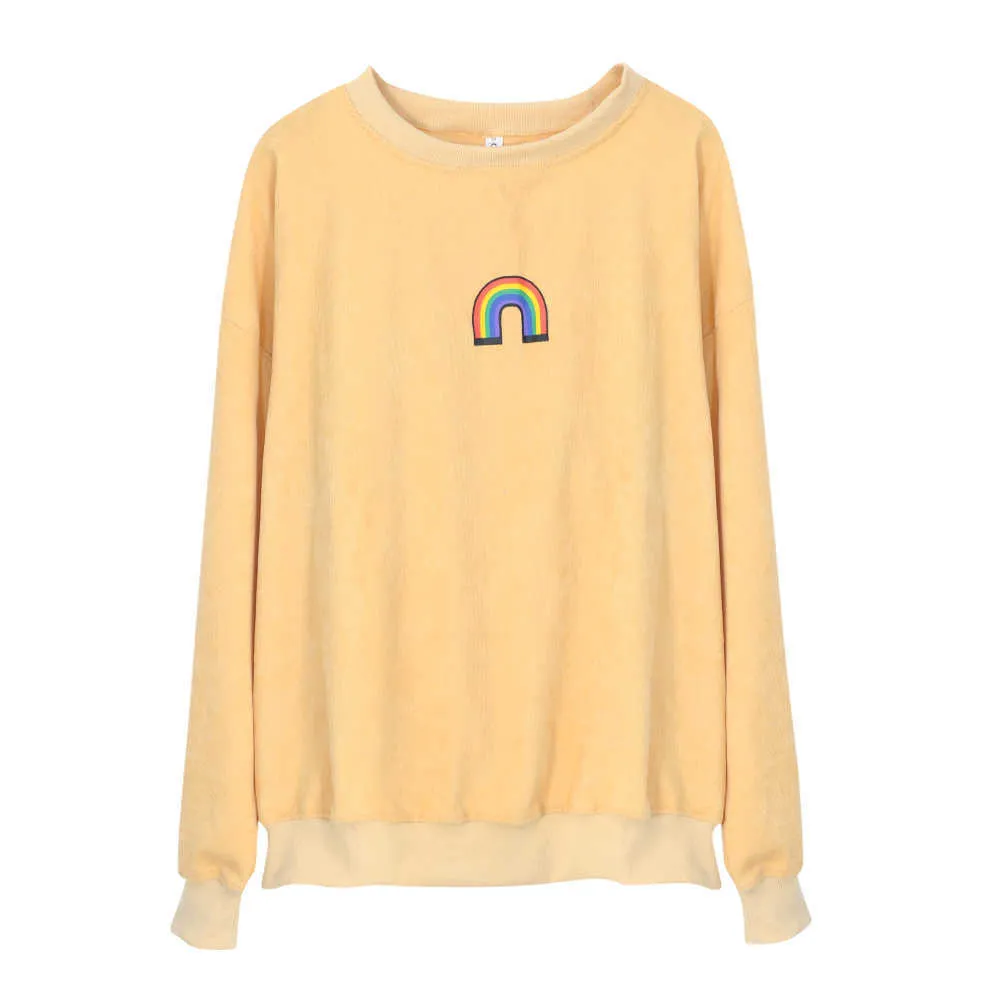 Herfst regenboogpatroon geprinte pullovers sweatshirts vrouwen lange mouw streetwear losse oversize kleding vrouwelijk geel 210702