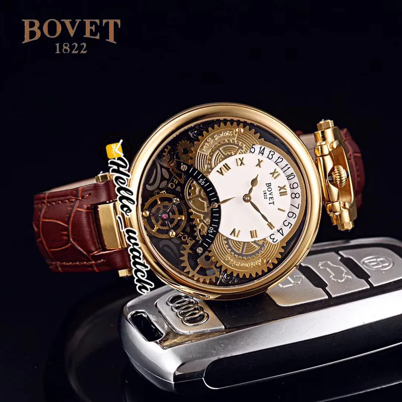 46 mm Bovet 1822 Tourbillon Amadeo Fleurie horloges quartz herenhorloge stalen kast zwarte skelet wijzerplaat lederen band HWBT Hello Watch247C