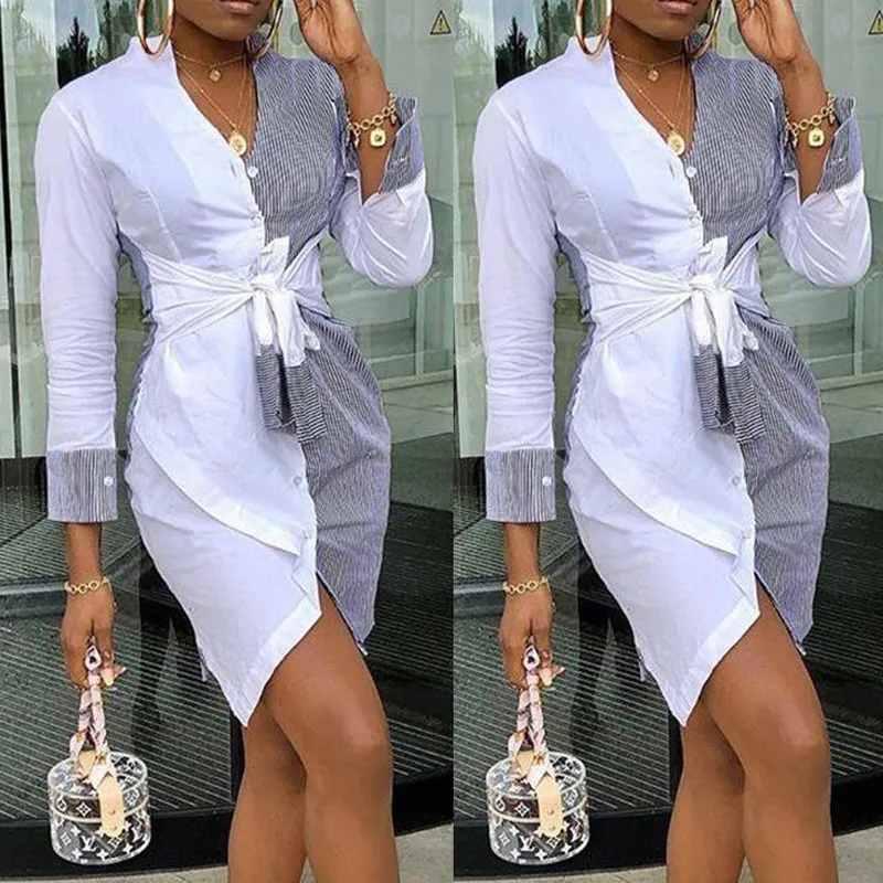 Women Dress Fashion Stripe Color Block Patchwork Print Short Party Clubwear Autumn Holiday Sundress Office Lady Casual Clothing 210522