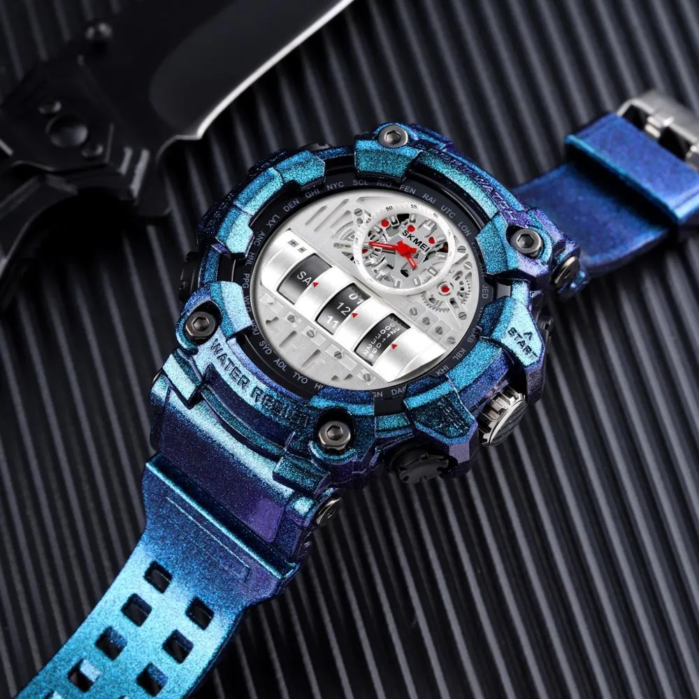 Skmei moda chłodna kwarcowa zegarek mężczyzn 2 czas wodoodporny odporny na nadgarstki zegar na nadgarstek męski zegar sportowy dla mężczyzn 1557 Q0524278m