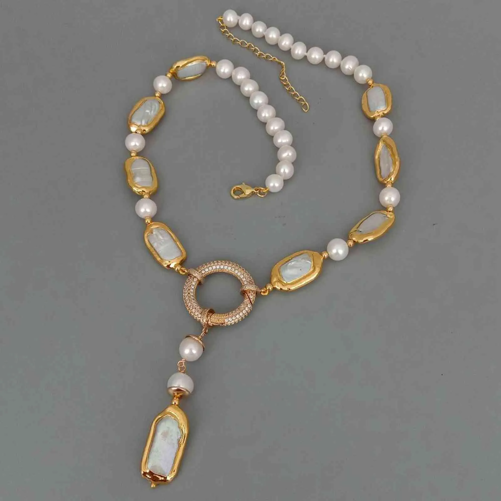 Y：Ying Zoetwater Grown Grown White Biwa Pearl Rectangle Round Pearl Y-Drop Ketting 18.5 