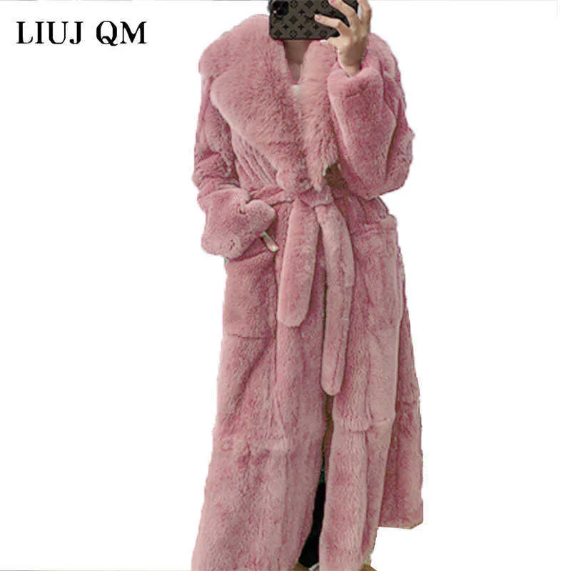 Plus Taille Manteau Hiver Femmes Épais Chaud X-Long Fausse Fourrure Veste Femme Haute Qualité Fluffy Lapin Fourrure Manteau Plus Taille Lâche Parkas 210925