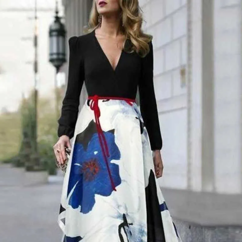 【木】夏のファッションのVネックハイウエストの印刷ロングleeveの気質エレガントなドレス女性13c952 210527